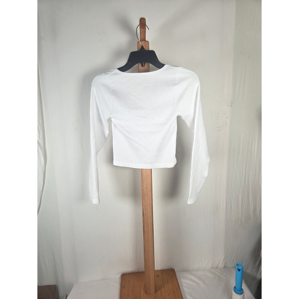 OQQ Womens White Ribbed Long Sleeve Square Neck Crop Top Size Small - Picture 2 of 4
